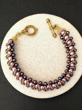 Metallic purple and gray with gold seed bead detail bracelet